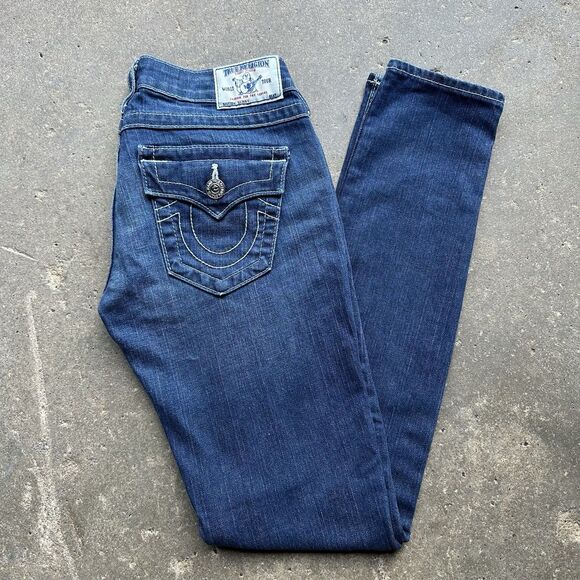 True Religion Skinny Jeans Women’s 27 Made in USA Dark Wash Denim Distressed - Picture 1 of 16